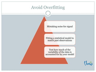 Avoid Overfitting
Mistaking noise for signal
Fitting a statistical model to
match past observations
Test how much of the
variability of the data is
accounted for by your model
 