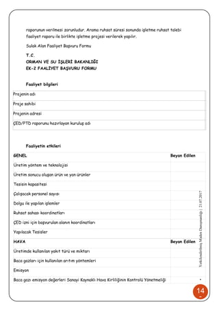 14
0
•YetkilendirilmişMadenDanışmanlığı|21.07.2017
raporunun verilmesi zorunludur. Arama ruhsat süresi sonunda işletme ruhsat talebi
faaliyet raporu ile birlikte işletme projesi verilerek yapılır.
Sulak Alan Faaliyet Başvuru Formu
T.C.
ORMAN VE SU İŞLERİ BAKANLIĞI
EK-2 FAALİYET BAŞVURU FORMU
Faaliyet bilgileri
Projenin adı
Proje sahibi
Projenin adresi
ÇED/PTD raporunu hazırlayan kuruluş adı
Faaliyetin etkileri
GENEL Beyan Edilen
Üretim yöntem ve teknolojisi
Üretim sonucu oluşan ürün ve yan ürünler
Tesisin kapasitesi
Çalışacak personel sayısı
Dolgu ile yapılan işlemler
Ruhsat sahası koordinatları
ÇED izni için başvurulan alanın koordinatları
Yapılacak Tesisler
HAVA Beyan Edilen
Üretimde kullanılan yakıt türü ve miktarı
Baca gazları için kullanılan arıtım yöntemleri
Emisyon
Baca gazı emisyon değerleri Sanayi Kaynaklı Hava Kirliliğinin Kontrolü Yönetmeliği
 