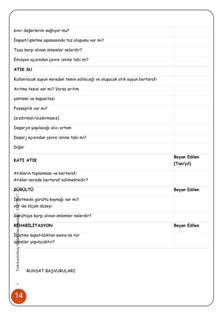 14
1
•YetkilendirilmişMadenDanışmanlığı|21.07.2017
sınır değerlerini sağlıyor mu?
İnşaat/işletme aşamasında toz oluşumu var mı?
Toza karşı alınan önlemler nelerdir?
Emisyon açısından çevre iznine tabi mi?
ATIK SU
Kullanılacak suyun nereden temin edileceği ve oluşacak atık suyun bertarafı
Arıtma tesisi var mı? Varsa arıtım
yöntemi ve kapasitesi
Fosseptik var mı?
(sızdırmalı/sızdırmasız)
Deşarjın yapılacağı alıcı ortam
Deşarj açısından çevre iznine tabi mi?
Diğer
KATI ATIK
Beyan Edilen
(Ton/yıl)
Atıkların toplanması ve bertarafı
Atıklar nerede berteraf edilmektedir?
GÜRÜLTÜ Beyan Edilen
İşletmede gürültü kaynağı var mı?
var ise ölçüm düzeyi
Gürültüye karşı alınan önlemler nelerdir?
REHABİLİTASYON Beyan Edilen
İşletme kapatıldıktan sonra ne tür
işlemler yapılacaktır?
RUHSAT BAŞVURULARI
 