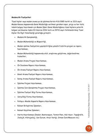 15
0
•YetkilendirilmişMadenDanışmanlığı|21.07.2017
Madencilik Faaliyetleri
Tüzel kişiler veya maden arama ya da işletmecilerinin 4/6/1985 tarihli ve 3213 sayılı
Maden Kanunu kapsamında Genel Müdürlüğe verilmesi gereken rapor, proje ve her türlü
teknik belgeyi hazırlamak için Maden İşleri Genel Müdürlüğünce tüzel kişilere yeterlik
belgesi verilmesine ilişkin 03 Haziran 2016 tarih ve 29731 sayılı Yetkilendirilmiş Tüzel
Kişiler İle İlgili Yönetmeliği yürürlüğe girmiştir.
 Madencilik Danışmanlığı,
 Maden Mühendisliği ve Müşavirliği,
 Maden işletme faaliyetinin yapılabilirliğine yönelik fizibilite projesi ve raporu
hazırlanması,
 Maden Mühendisliği kapsamında etüt, araştırma-geliştirme, değerlendirme
hizmetleri,
 Maden Arama Projesi Hazırlanması,
 Ön İnceleme Raporu Hazırlanması,
 Ön Arama Faaliyet Raporu Hazırlanması,
 Genel Arama Faaliyet Raporu Hazırlanması,
 Detay Arama Faaliyet Raporu Hazırlanması,
 İşletme Projesi Hazırlanması,
 İşletme İzin Genişletme Projesi Hazırlanması,
 İşletme Faaliyet Bilgi Formu Hazırlanması,
 Satış Bilgi Formu Hazırlanması,
 Patlayıcı Madde Kapasite Raporu Hazırlanması,
 Ruhsat Birleştirme İşlemleri,
 Ruhsat Küçültme İşlemleri,
 Harita Hazırlanması (İmalat, Restorasyon, Termin Planı, Hali Hazır, Topoğrafik,
Jeolojik, Hidrojeoloji, Son Durum, Arazi Varlığı, Orman İzin/Mescere vb.)
 