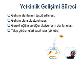 Yetkinlik Gelişimi Süreci
 Gelişim alanlarının tespit edilmesi,
 Gelişim planı oluşturulması,
 Gerekli eğitim ve diğer aksiyonların planlanması,
 Takip görüşmeleri yapılması (yönetici)
 