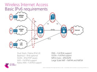 Wireless Internet Access
Basic IPv6 requirements
Dual-Stack / Native IPv6 UE
Backhaul – IPv6 optional
SGSN – IPv6 PDP aware
HLR – Full IPv6 support
Radius AAA – Full IPv6 support
Telstra Unrestricted | IPv6 Single Stack Now or Later? - The ultimate carrier conundrum | Sunny Yeung | 03/2015 | 10
DNS – Full IPv6 support
GGSN – Full IPv6 support
MPLS Core – 6PE/6VPE
Large Scale NAT – NAT44 and NAT64
 