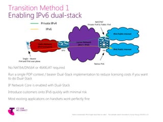 Transition Method 1
Enabling IPv6 dual-stack
No NAT64/DNS64 or 464XLAT required
Run a single PDP context / bearer Dual-Stack implementation to reduce licensing costs if you want
to do Dual-Stack
IP Network Core is enabled with Dual-Stack
Introduce customers onto IPv6 quickly with minimal risk
Most existing applications on handsets work perfectly fine
Telstra Unrestricted | IPv6 Single Stack Now or Later? - The ultimate carrier conundrum | Sunny Yeung | 03/2015 | 15
 