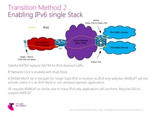 Transition Method 2
Enabling IPv6 single Stack
Stateful NAT64 replaces NAT44 for IPv4 destined traffic.
IP Network Core is enabled with Dual-Stack
A DNS64 MUST be in the path for Single Stack IPv6 to function to IPv4 only websites (464XLAT will not
activate unless it is an IPv4 literal or non-protocol agnostic application)
UE requires 464XLAT or similar due to many IPv4 only applications still out there. Requires UEs to
support 464XLAT
Telstra Unrestricted | IPv6 Single Stack Now or Later? - The ultimate carrier conundrum | Sunny Yeung | 03/2015 | 16
 