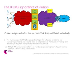 The Blissful ignorance of illusion
Create multiple real APNs that supports IPv4, IPv6, and IPv4v6 individually
1. You must run separate APNs for each protocol type. This will create operational and
engineering complexity and does not allow for simplification of the network in the long-term.
However you may have finer control of the network as a result.
a) Multiple APNs however cause havoc on your Device provisioning teams. You will prefer a
common APN and setting across all UEs.
Telstra Unrestricted | IPv6 Single Stack Now or Later? - The ultimate carrier conundrum | Sunny Yeung | 03/2015 | 25
InternetRadio Network Carrier Network
IPv4
eNodeB
GGSN/EPG
IPv6
APN
IPv4v6
APN
IPv4
APN
IPv4v6
IPv6
IBR
NAT44 / NAT64
DNS64
DNS-DS
 