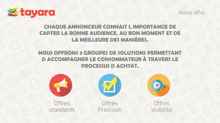 Notre offre.
CHAQUE ANNONCEUR CONNAIT L IMPORTANCE DE
CAPTER LA BONNE AUDIENCE, AU BON MOMENT ET DE
LA MEILLEURE DES MANIÈRES.
NOUS OFFRONS 3 GROUPES DE SOLUTIONS PERMETTANT
D ACCOMPAGNER LE CONSOMMATEUR À TRAVERS LE
PROCESSUS D ACHTAT.
Offres
standards
Offres
Precision
Offres
visibilité
 