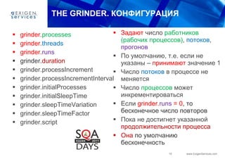 THE GRINDER.  КОНФИГУРАЦИЯ grinder. processes grinder. threads grinder. runs grinder. duration grinder.processIncrement grinder.processIncrementInterval grinder.initialProcesses grinder.initialSleepTime grinder.sleepTimeVariation grinder.sleepTimeFactor grinder.script Задают  число  работников (рабочих процессов) ,  потоков ,  прогонов По умолчанию, т.е. если не указаны –  принимают  значение 1 Число  потоков  в процессе не меняется Число  процессов  может инкрементироваться Если  grinder. runs  = 0 , то бесконечное число повторов Пока не достигнет указанной  продолжительности процесса Она  по умолчанию бесконечность 