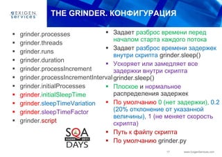 THE GRINDER.  КОНФИГУРАЦИЯ grinder.processes grinder.threads grinder.runs grinder.duration grinder.processIncrement grinder.processIncrementInterval grinder.initialProcesses grinder. initialSleepTime grinder. sleepTimeVariation grinder. sleepTimeFactor grinder. script Задает  разброс времени перед началом старта каждого потока Задает  разброс времени задержек внутри скрипта   grinder.sleep() Ускоряет или замедляет все задержки внутри скрипта  grinder.sleep() Плоское  и  нормальное  распределения   задержек По умолчанию  0   (нет задержки),  0.2   (20% отклонение от указанной величины),  1   (не меняет скорость скрипта) Путь к файлу скрипта По умолчанию  grinder.py 
