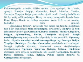Elektroenergetika tizimida AESlar muhim o‘rin egallaydi. Bu o‘rinda,
ayniqsa, Fransiya, Belgiya, Germaniya, Buyuk Britaniya, Chexiya,
Slovakiya, Vengriya, Bolgariya davlatlari ajralib turadi. Ularning hududlarida
80 dan ortiq AES joylashgan. Dunay va uning irmoqlarida hamda Rona,
Reyn, Dnepr, Dnestr va boshqa daryolarda ayrim GES lar va ularning
kaskadlari barpo qilingan.
Metallurgiya tarmog‘i Yevropada yuz bergan fan-texnika inqilobidan
ham ilgari shakllangan. Qora metallurgiya, avvalambor, yoqilg‘isi va xom
ashyosi mavjud bo‘lgan Germaniya, Buyuk Britaniya, Fransiya, Ispaniya,
Belgiya, Lyuksemburg, Polsha, Chexiyada rivojlandi. Rangli
metallurgiyaning asosiy tarmoqlari alyuminiy va mis sanoatidir. Alyuminiy
ishlab chiqarish xomashyo va elektroenergetikaga boy Fransiya, Italiya,
Vengriya, Ruminiya, Gretsiya, Germaniya mamlakatlarida rivojlangan.
So‘nggi paytlarda alyuminiy korxonalari, asosan, rivojlanayotgan
mamlakatlardan (Surinam, Yamayka, Gvineya, Gviana, Hindiston)
olinadigan xom ashyoga tayanmoqda. Mis sanoati Germaniya, Fransiya,
Buyuk Britaniya, Italiya, Belgiya, Polsha hamda Bosniya va
Gersogovinada rivojlangan.
 