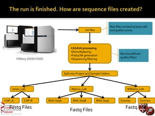 .bcl files
CASAVA processing
•Demultiplexing
•Fastq file generation
•Sequencing filtering
Raw files containing base calls
and quality scores
Illumina defined
quality filters
Split into Project and Sample Folders
Jones_Lab
ChIP_A ChIP-B
Marcus_Lab
RNA-SeqA RNA-SeqB RNA-SeqC
Williams_Lab
Exome1 Exome2
Fastq Files Fastq Files Fastq Files
 
