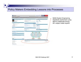 Policy Makers Embedding Lessons into Processes


                                              NASA System Engineering
                                              Handbook rewrite team using
                                              NEN to collaborate among
                                              60+ subject matter experts




                      NEN PM Challenge 2007                                 17
 