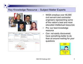 Key Knowledge Resource – Subject Matter Experts
                                •   NASA employs over 46,000
                                    civil servant and contractor
                                    engineers representing some
                                    of the nation’s best and most
                                    educated intellectual resources
                                •   Pro: our best knowledge
                                    resource
                                •   Con: not easily discovered,
                                    have something better to do
                                    than sit around waiting for your
                                    questions




                       NEN PM Challenge 2007                       8
 
