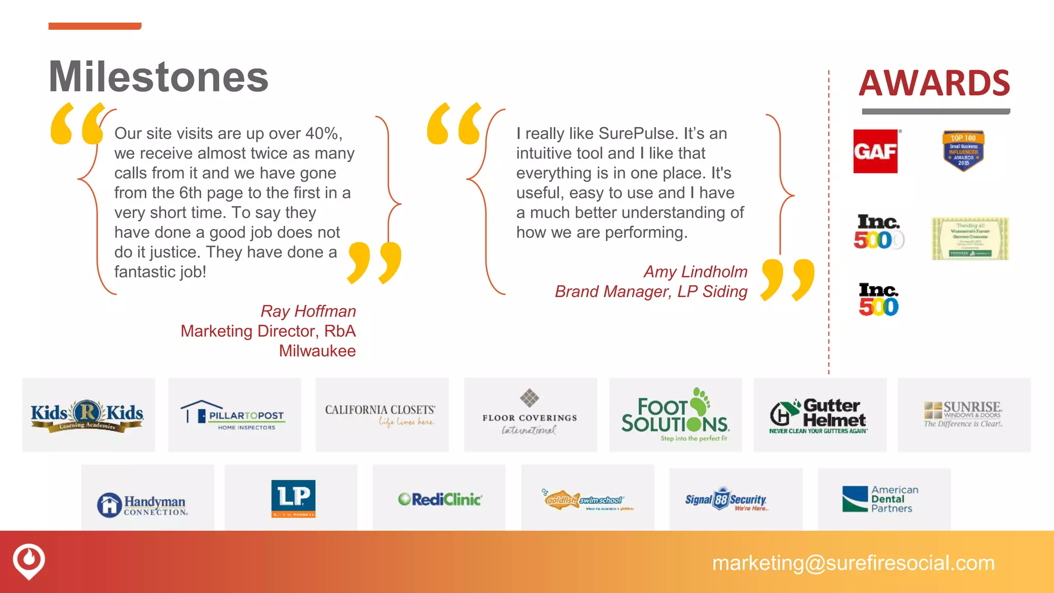 201
4Our site visits are up over 40%,
we receive almost twice as many
calls from it and we have gone
from the 6th page to the first in a
very short time. To say they
have done a good job does not
do it justice. They have done a
fantastic job!
Ray Hoffman
Marketing Director, RbA
Milwaukee
“ “ I really like SurePulse. It’s an
intuitive tool and I like that
everything is in one place. It's
useful, easy to use and I have
a much better understanding of
how we are performing.
Amy Lindholm
Brand Manager, LP Siding
“ “
AWARDSMilestones
marketing@surefiresocial.com
 