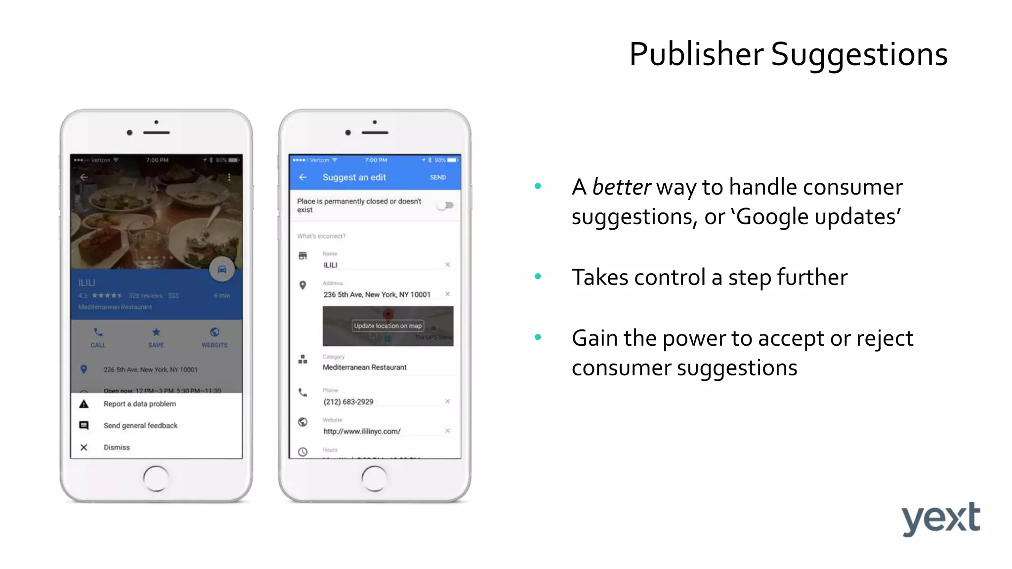 Publisher Suggestions
• A better way to handle consumer
suggestions, or ‘Google updates’
• Takes control a step further
• Gain the power to accept or reject
consumer suggestions
 