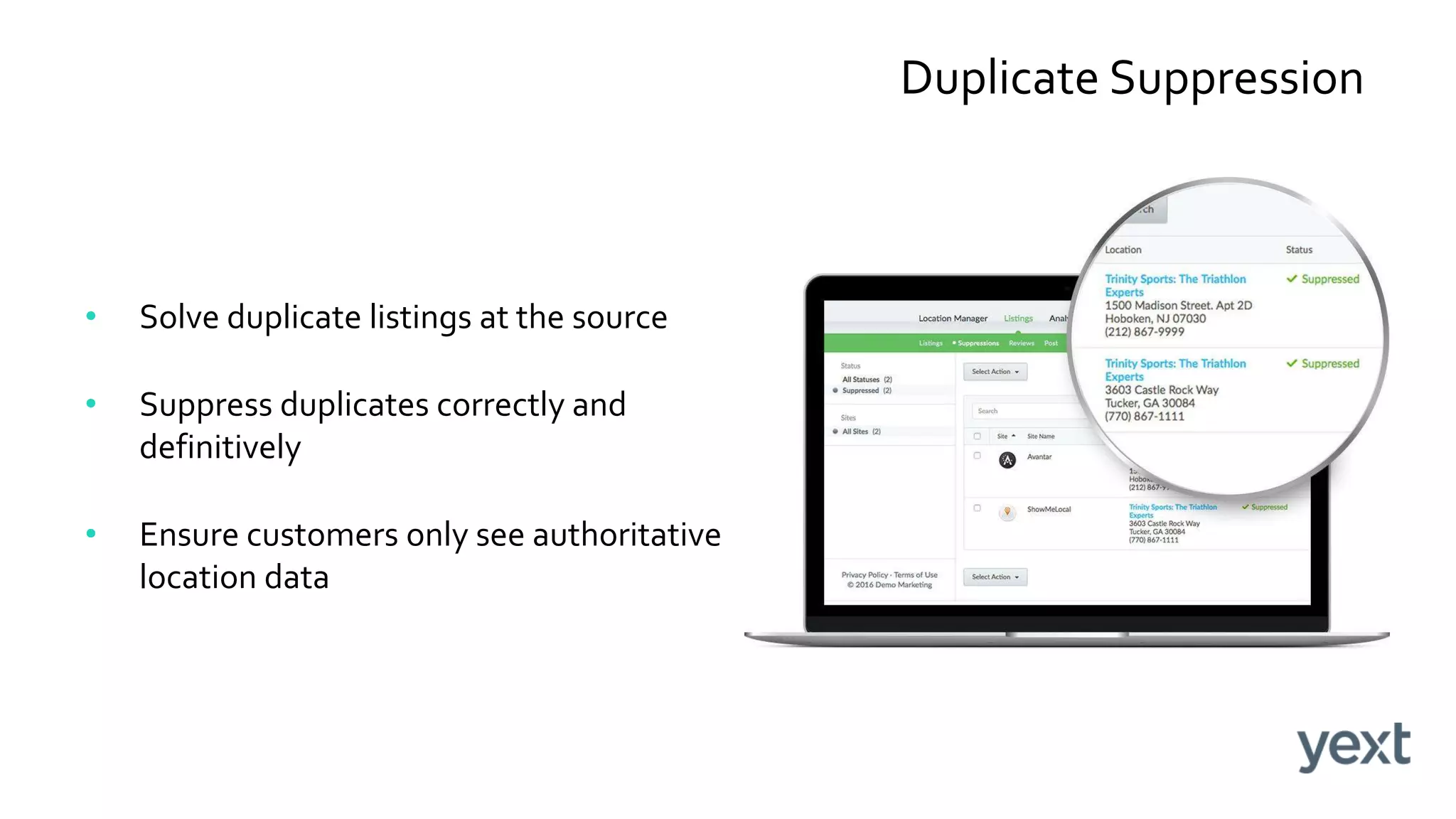 Duplicate Suppression
• Solve duplicate listings at the source
• Suppress duplicates correctly and
definitively
• Ensure customers only see authoritative
location data
 