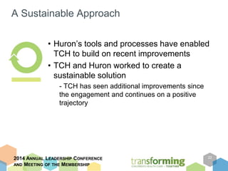 A Sustainable Approach 
• Huron’s tools and processes have enabled 
TCH to build on recent improvements 
• TCH and Huron worked to create a 
sustainable solution 
- TCH has seen additional improvements since 
the engagement and continues on a positive 
trajectory 
2014 ANNUAL LEADERSHIP CONFERENCE 
AND MEETING OF THE MEMBERSHIP 
22 
 