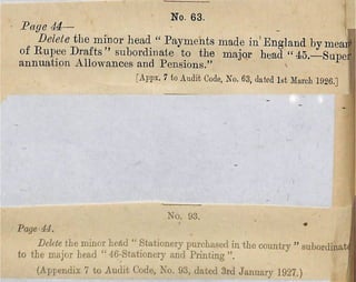 No. 63.
Fage 44— ...
Delete the m inor head “ P aym ents m ade in 'E n gla n d b y m ea J
o f E u pee D ra fts” subordinate to the m ajor head “ 4 5 — Supef
annuation A llow an ces and P en sion s.”
[Appx. 7 to Audit Code, N
o
.63, dated let March 1926.]
No. 93.
Page 4 4 . *
Delete the m inor heAd “ Stationery purchased in the country ” subordinate
to the m ajor head “ 46-Stationery and Printing
(A ppendix 7 to A u dit Code, No. 93, dated 3rd January 1927.)
 