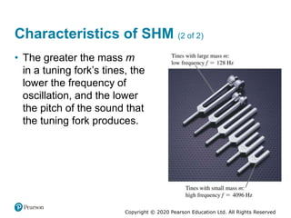 Copyright © 2020 Pearson Education Ltd. All Rights Reserved
Characteristics of SHM (2 of 2)
• The greater the mass m
in a tuning fork’s tines, the
lower the frequency of
oscillation, and the lower
the pitch of the sound that
the tuning fork produces.
 