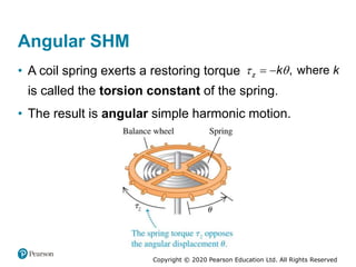 Copyright © 2020 Pearson Education Ltd. All Rights Reserved
Angular SHM
• A coil spring exerts a restoring torque , where
z k k
 
 
is called the torsion constant of the spring.
• The result is angular simple harmonic motion.
 