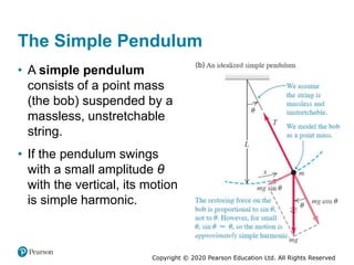 Copyright © 2020 Pearson Education Ltd. All Rights Reserved
The Simple Pendulum
• A simple pendulum
consists of a point mass
(the bob) suspended by a
massless, unstretchable
string.
• If the pendulum swings
with a small amplitude θ
with the vertical, its motion
is simple harmonic.
 