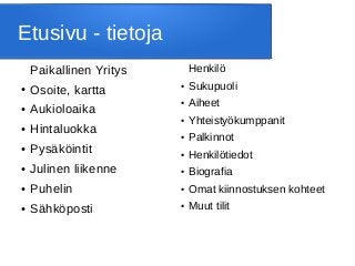 Etusivu - tietoja
Paikallinen Yritys
● Osoite, kartta
● Aukioloaika
● Hintaluokka
● Pysäköintit
● Julinen liikenne
● Puhelin
● Sähköposti
Henkilö
● Sukupuoli
● Aiheet
● Yhteistyökumppanit
● Palkinnot
● Henkilötiedot
● Biografia
● Omat kiinnostuksen kohteet
● Muut tilit
 