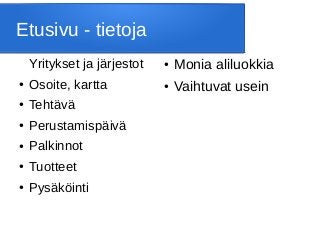 Etusivu - tietoja
Yritykset ja järjestot
● Osoite, kartta
● Tehtävä
● Perustamispäivä
● Palkinnot
● Tuotteet
● Pysäköinti
● Monia aliluokkia
● Vaihtuvat usein
 