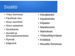 Sisältö
● Yritys Somessa
● Facebook sivu
● Sivun luominen
● Sivun asetukset
● Sovellukset
● Suosikit ja
kiinnostuksenkohteet
● Ryhmät
● Edgerank
● Kävijätiedot
● Käyttöehdot
● Kilpailut
● Markkinointi
● Mainokset
● Yhteisöliitynnäiset
● Kritiikkiä
● Muualla Somessa
 