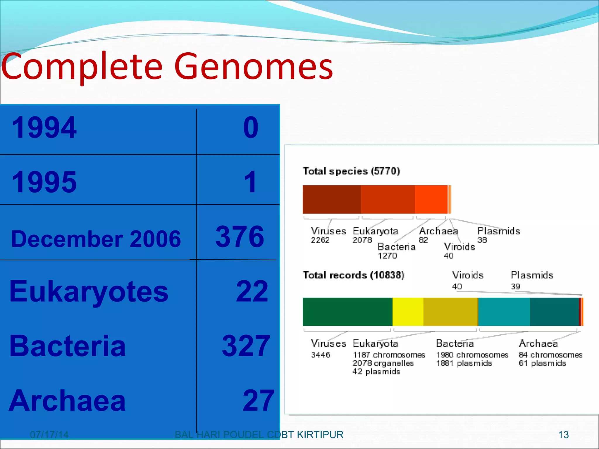Complete Genomes
13
1994 0
1995 1
December 2006 376
Eukaryotes 22
Bacteria 327
Archaea 27
07/17/14 BAL HARI POUDEL CDBT KIRTIPUR
 