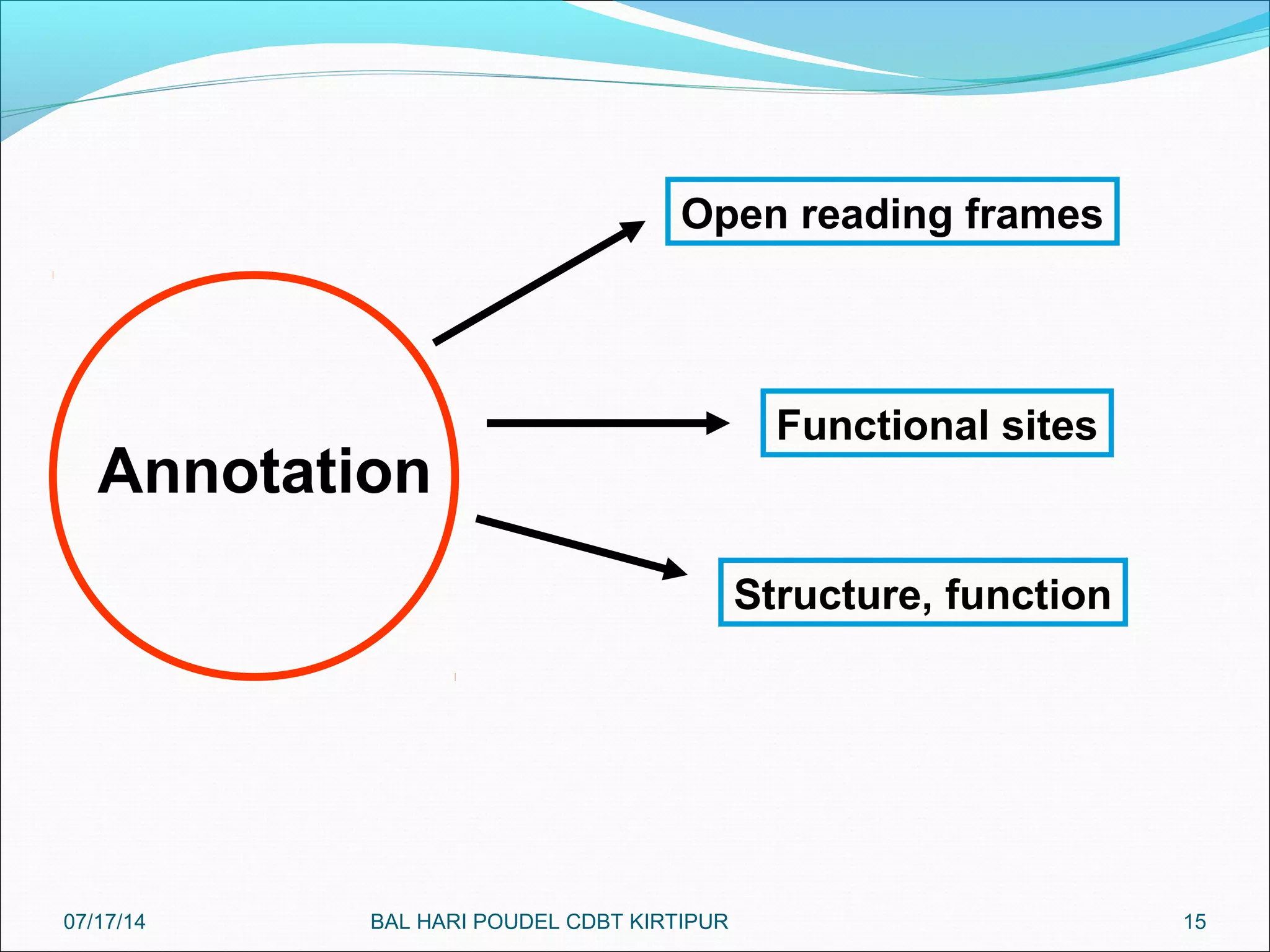 15
Annotation
Open reading frames
Functional sites
Structure, function
07/17/14 BAL HARI POUDEL CDBT KIRTIPUR
 