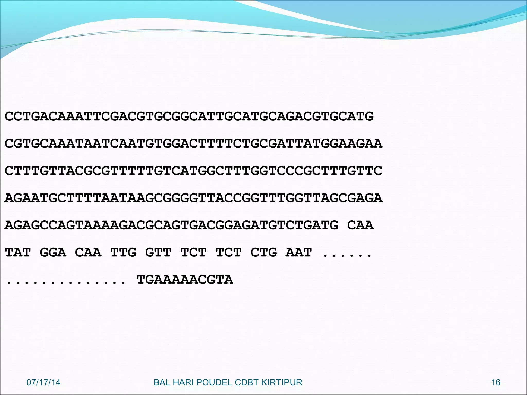 16
CCTGACAAATTCGACGTGCGGCATTGCATGCAGACGTGCATG
CGTGCAAATAATCAATGTGGACTTTTCTGCGATTATGGAAGAA
CTTTGTTACGCGTTTTTGTCATGGCTTTGGTCCCGCTTTGTTC
AGAATGCTTTTAATAAGCGGGGTTACCGGTTTGGTTAGCGAGA
AGAGCCAGTAAAAGACGCAGTGACGGAGATGTCTGATG CAA
TAT GGA CAA TTG GTT TCT TCT CTG AAT ......
.............. TGAAAAACGTA
07/17/14 BAL HARI POUDEL CDBT KIRTIPUR
 