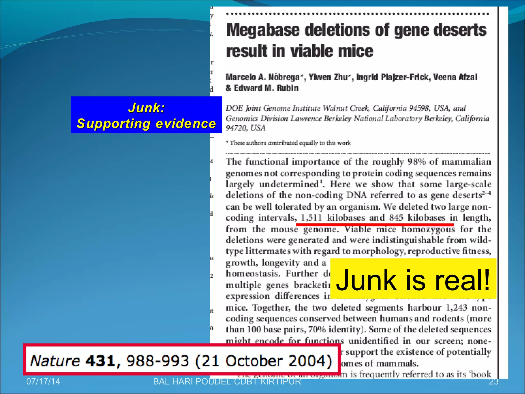 23
Junk is real!
Junk:Junk:
Supporting evidenceSupporting evidence
07/17/14 BAL HARI POUDEL CDBT KIRTIPUR
 
