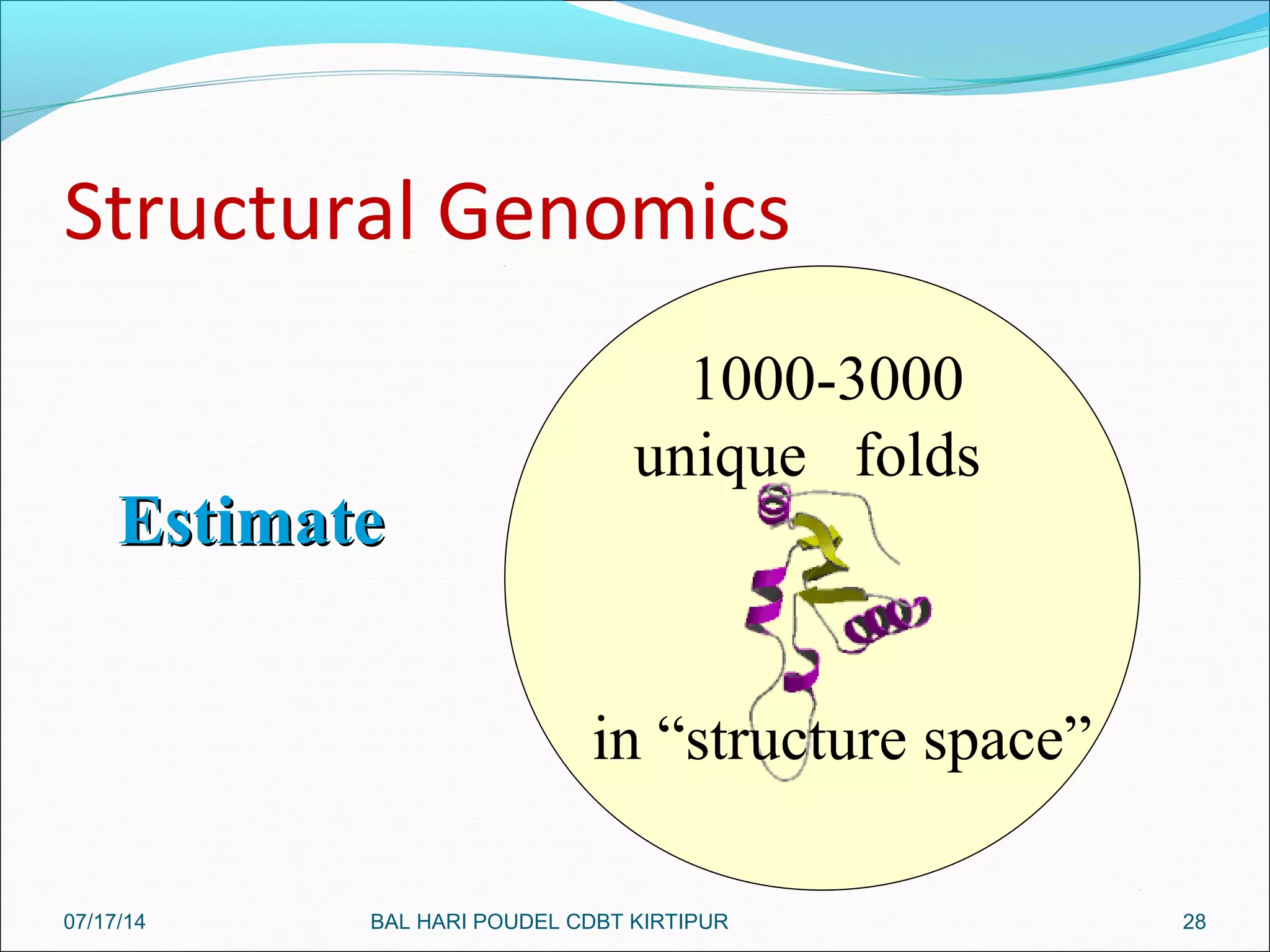 Structural Genomics
28
1000-3000
unique folds
in “structure space”
EstimateEstimate
07/17/14 BAL HARI POUDEL CDBT KIRTIPUR
 