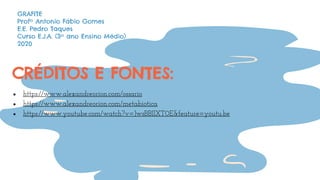 ● https://www.alexandreorion.com/ossario
● https://www.alexandreorion.com/metabiotica
● https://www.youtube.com/watch?v=JwsBBIIXT0E&feature=youtu.be
CRÉDITOS E FONTES:
GRAFITE
Profº Antonio Fábio Gomes
E.E. Pedro Taques
Curso E.J.A. (3º ano Ensino Médio)
2020
 