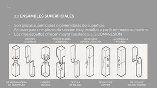 2.2 ENSAMBLES SUPERFICIALES
- Son piezas superficiales o generadoras de superficie.
- Se usan para unir piezas de sección muy esbeltas a partir de maderas macizas.
- Los más esbeltos ofrecen mayor resistencia a la COMPRESIÓN.
DE MEDIA MADERA
EN CUARTELES
DIENTES
ALTERNOS
PICO DE FLAUTA
COMBINADO
DE RAYO DE
JÚPITER CON CUÑA
A HORQUILLA
POSTIZA
DIENTES
EN CRUZ
DE COLA
DE MILANO
DE RAYO DE
JÚPITER
DE COLA DE
MILANO PUESTO
 