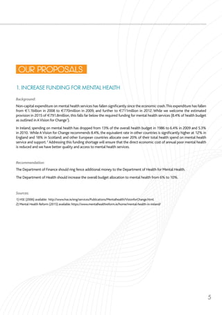 5
1. INCREASE FUNDING FOR MENTAL HEALTH
Background:
Non-capital expenditure on mental health services has fallen significantly since the economic crash.This expenditure has fallen
from €1.1billion in 2008 to €770million in 2009, and further to €711million in 2012. While we welcome the estimated
provision in 2015 of €791.8million, this falls far below the required funding for mental health services (8.4% of health budget
as outlined inAVision for Change1
). 
In Ireland, spending on mental health has dropped from 13% of the overall health budget in 1986 to 6.4% in 2009 and 5.3%
in 2010. While AVision for Change recommends 8.4%, the equivalent rate in other countries is significantly higher at 12% in
England and 18% in Scotland; and other European countries allocate over 20% of their total health spend on mental health
service and support. 2
Addressing this funding shortage will ensure that the direct economic cost of annual poor mental health
is reduced and we have better quality and access to mental health services.
Recommendation:
The Department of Finance should ring fence additional money to the Department of Health for Mental Health.
The Department of Health should increase the overall budget allocation to mental health from 6% to 10%.
Sources:
1) HSE (2006) available: http://www.hse.ie/eng/services/Publications/Mentalhealth/VisionforChange.html.
2) Mental Health Reform (2015) available: https://www.mentalhealthreform.ie/home/mental-health-in-ireland/
OUR PROPOSALS
 