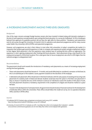 Young Fine Gael PRE BUDGET SUBMISSION
8
4. INCREASING EMPLOYMENT AMONG THIRD LEVEL GRADUATES
Background:
One of the major concerns amongst foreign business owners who have invested in Ireland, along with domestic employers is
the lack of work experience among students upon exiting third level education.In a survey by GradIreland 52.3% of employers
believed that applicants for graduate positions did not have the right skills for these positions.1
Mandatory work placements
exist for all courses through the University of Limerick’s (UL) Co-operative work placement programmes and for many courses
under Dublin City University’s (DCU) INTRA work placement programme.
However, such programmes are only in their infancy in most other Irish universities. In today’s competitive job market it is
imperative that students gain practical experience in order to compete with experienced workers and gain employment relative
to their degree.Work placement is the first experience many students have of working full-time within an organisation. This
experience is vital in gaining employment after finishing third level education. Work placements bring a clear benefit for the
employment prospects of third-level students.This is clear given that UL has an employment rate which is 22% higher than the
national average at undergraduate level.2
Recommendations:
The government should work towards the introduction of mandatory work placements as a means of increasing employment
among third level graduates,
•	 These work placements should last between 6 - 9 months,and would effectively be considered a semester at third level.As
this is an essential part of the students’ course, payment would be at the discretion of the employer.
•	 A dedicated work placement office should exist in third level institutes with the sole purpose of assisting and securing work
placements for students, both in Ireland and abroad. Students would also have the option to find their own placement if
they so choose. It would be the onus of the institute to send out an individual to assess the student in their place of work.
The work placement should be a mandatory requirement in the completion of a degree and should be marked on a pass/
fail basis.
•	 Toassistinthedevelopmentofworkplacements,thegovernmentshouldintroducefinancialincentivesforthedevelopment
of dedicated offices within the universities.These offices should follow the model set out by UL’s Co-operative Education
Office and DCU’s INTRA office.
Sources:
1) GradIreland (2015)‘Graduate salary and graduate recruitments trend survey 2015’, available:
http://cdn.thejournal.ie/media/2015/06/salary-survey-2015-0406.pdf.
2) University of Limerick (2015)’ UL Graduates are 22% more likely than others to be employed after Graduation’, available:
www.ul.ie/news-centre/news/ul-graduates-are-22-more-likely-than-others-to-be-employed-after-graduation.
 