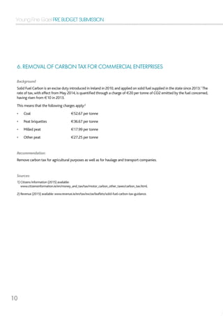 Young Fine Gael PRE BUDGET SUBMISSION
10
6. REMOVAL OF CARBON TAX FOR COMMERCIAL ENTERPRISES
Background
Solid Fuel Carbon is an excise duty introduced in Ireland in 2010,and applied on solid fuel supplied in the state since 2013.1
The
rate of tax, with effect from May 2014, is quantified through a charge of €20 per tonne of CO2 emitted by the fuel concerned,
having risen from €10 in 2013.
This means that the following charges apply:2
•	 Coal 			 €52.67 per tonne
•	 Peat briquettes 		 €36.67 per tonne
•	 Milled peat 			 €17.99 per tonne
•	 Other peat 			 €27.25 per tonne
Recommendation:
Remove carbon tax for agricultural purposes as well as for haulage and transport companies.
	
Sources:
1) Citizens Information (2015) available:
www.citizensinformation.ie/en/money_and_tax/tax/motor_carbon_other_taxes/carbon_tax.html.
2) Revenue (2015) available: www.revenue.ie/en/tax/excise/leaflets/solid-fuel-carbon-tax-guidance.
 