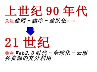 上世纪 90 年代 关注 建网 - 建库 - 建队伍 …… 21 世纪 关注 Web2.0 时代 - 全球化 - 云服务资源的充分利用 