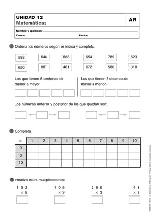 ©
GRUPO
ANAYA,
S.A.,
Matemáticas
2.º
Educación
Primaria.
Material
fotocopiable
autorizado.
Nombre y apellidos: ...................................................................................................................................
Curso: ..................................................................... Fecha: ....................................................................
UNIDAD 12
Matemáticas
AR
Ordena los números según se indica y completa.
Completa.
Los números anterior y posterior de los que quedan son:
Los que tienen 6 centenas de
menor a mayor.
Los que tienen 8 decenas de
mayor a menor.
598 646 885 654 789 623
650 987 481 672 586 318
1 2 3 4 5 6 7 8 9 10
Ò
9
0
10
Realiza estas multiplicaciones:
1 0 3
Ò 8
1 0 9
Ò 9
2 8 0
Ò 3
4 8
Ò 9
 