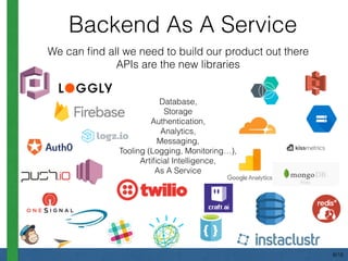 We can ﬁnd all we need to build our product out there
APIs are the new libraries
Database,
Storage
Authentication,
Analytics,
Messaging,
Tooling (Logging, Monitoring…),
Artiﬁcial Intelligence,
As A Service
Backend As A Service
8/18
 
