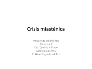 Crisis miasténica
Modulo de emergencia
Clase No.3
Dra. Cynthia Aliñado
Medicina interna
R1 Neurología de adultos
 