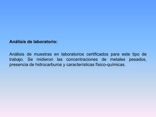Análisis de laboratorio:
Análisis de muestras en laboratorios certificados para este tipo de
trabajo. Se midieron las concentraciones de metales pesados,
presencia de hidrocarburos y características físico-químicas.
 