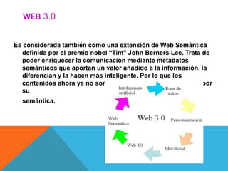 WEB 3.0
Es considerada también como una extensión de Web Semántica
definida por el premio nobel “Tim” John Berners-Lee. Trata de
poder enriquecer la comunicación mediante metadatos
semánticos que aportan un valor añadido a la información, la
diferencian y la hacen más inteligente. Por lo que los
contenidos ahora ya no son tratados por su sintáctica sino por
su
semántica.
 