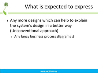What is expected to express
 Any more designs which can help to explain
the system's design in a better way
(Unconventional approach)
 Any fancy business process diagrams :)
 