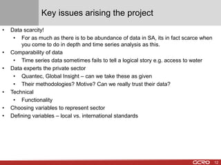 Key issues arising the project 
• Data scarcity! 
• For as much as there is to be abundance of data in SA, its in fact scarce when 
you come to do in depth and time series analysis as this. 
• Comparability of data 
• Time series data sometimes fails to tell a logical story e.g. access to water 
• Data experts the private sector 
• Quantec, Global Insight – can we take these as given 
• Their methodologies? Motive? Can we really trust their data? 
• Technical 
• Functionality 
• Choosing variables to represent sector 
• Defining variables – local vs. international standards 
12 
 
