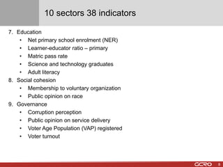7. Education 
10 sectors 38 indicators 
• Net primary school enrolment (NER) 
• Learner-educator ratio – primary 
• Matric pass rate 
• Science and technology graduates 
• Adult literacy 
8. Social cohesion 
• Membership to voluntary organization 
• Public opinion on race 
9. Governance 
• Corruption perception 
• Public opinion on service delivery 
• Voter Age Population (VAP) registered 
• Voter turnout 
8 
 