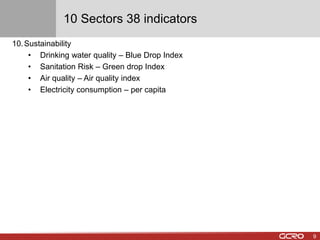 10 Sectors 38 indicators 
10.Sustainability 
• Drinking water quality – Blue Drop Index 
• Sanitation Risk – Green drop Index 
• Air quality – Air quality index 
• Electricity consumption – per capita 
9 
 