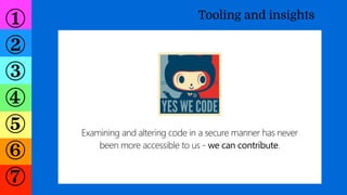 ①
②
③
④
⑤
⑥
⑦
Tooling and insights
Examining and altering code in a secure manner has never
been more accessible to us - w...