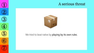 ①
②
③
④
⑤
⑥
⑦
A serious threat
We tried to beat native by playing by its own rules.
📦
 