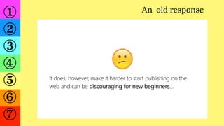 ①
②
③
④
⑤
⑥
⑦
An old response
It does, however, make it harder to start publishing on the
web and can be discouraging for ...